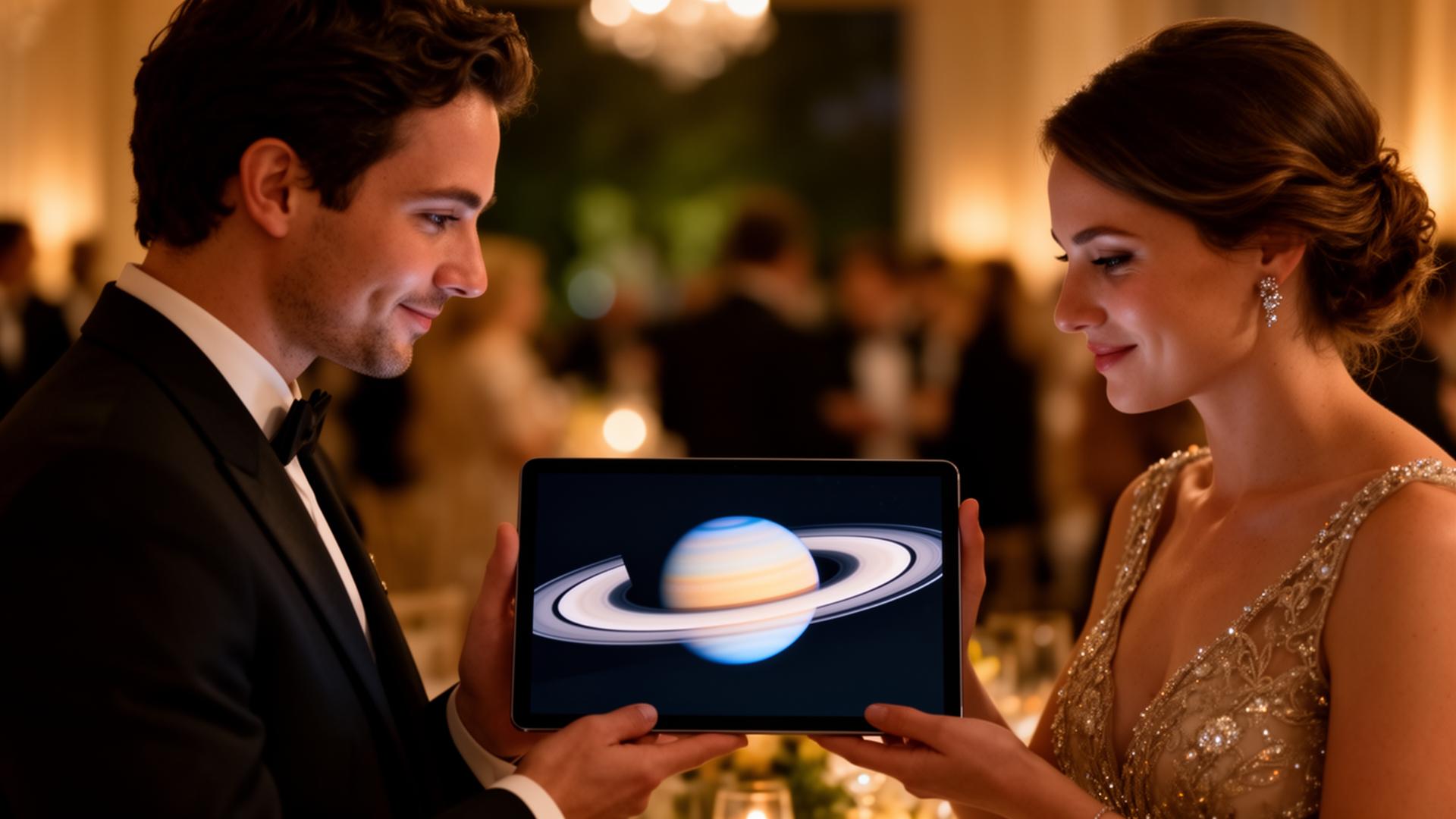 Gäste erleben gemeinsam den Saturn auf einem Tablet bei einem Stargazing Event in Wien