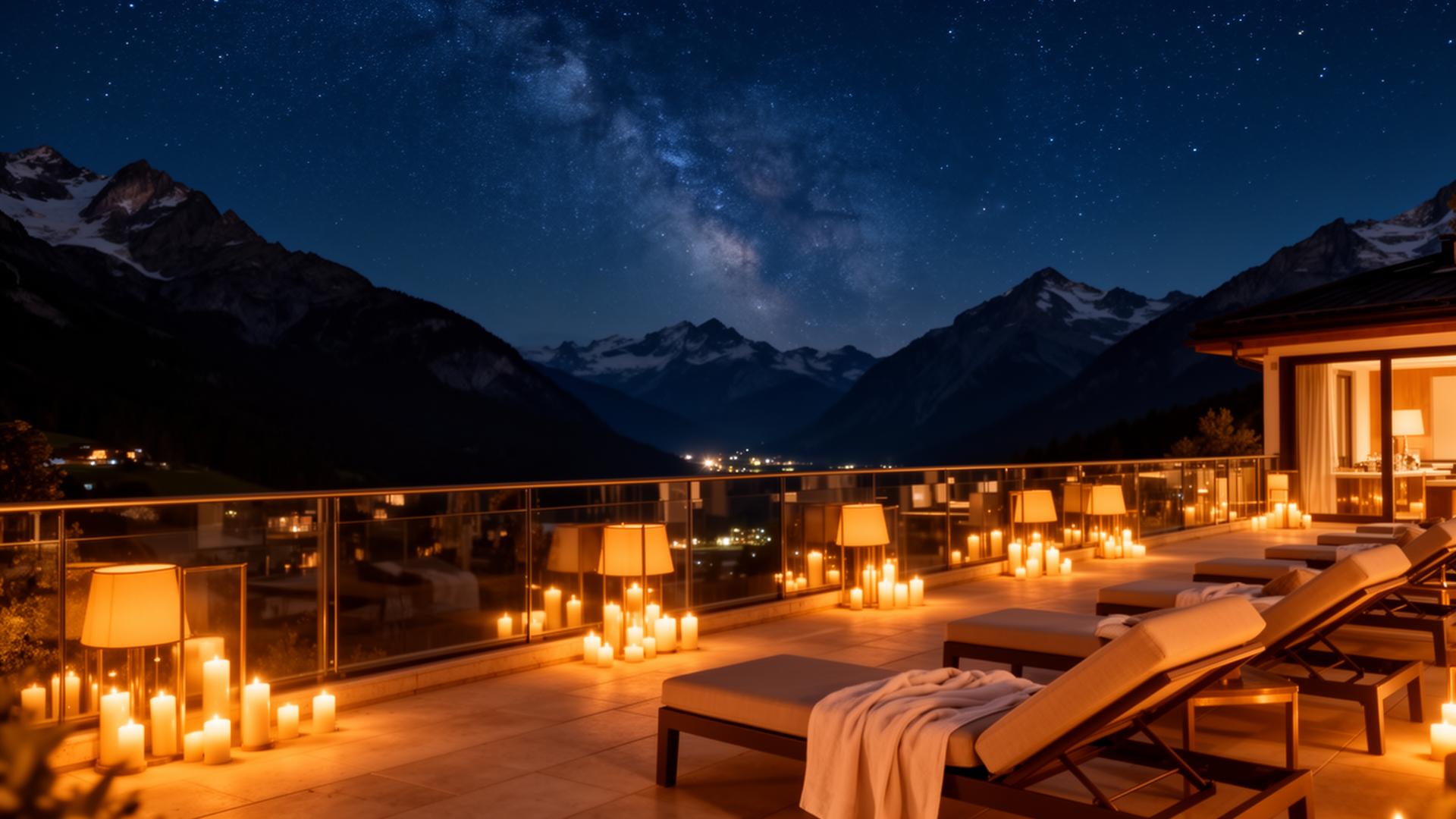Stargazing auf einer luxuriösen Hotelterrasse im alpinen Österreich